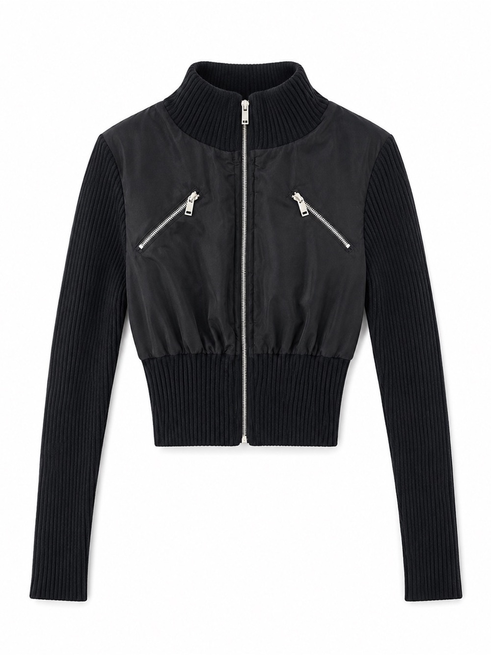 Stella Tweed Black Bomber Jacket with Ribbed Sleeves & Zipper Accents